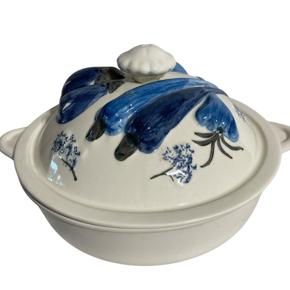 VTG MCM Ceramic Soup Tureen White Blue Mushroom Pepper Design Antique‎ with Lid - Picture 1 of 11